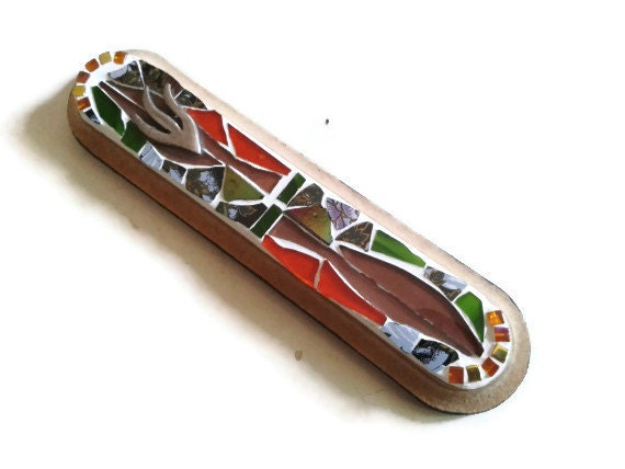 Jewish Mezuzah case Glass Mosaic Art Green Orange Purple Black Broken China Beads