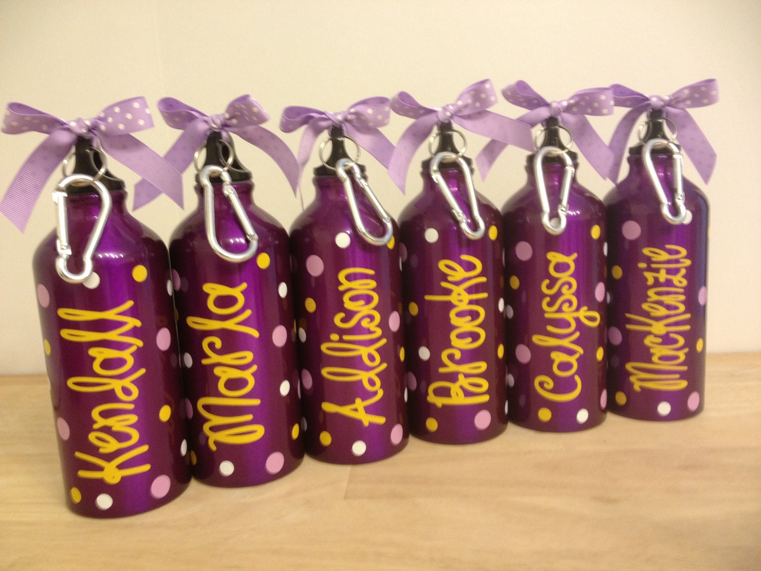 Quantity 6 Personalized aluminum water bottle, bridal wedding party, bachelorette - name or monogram and preppy polka dots, more colors