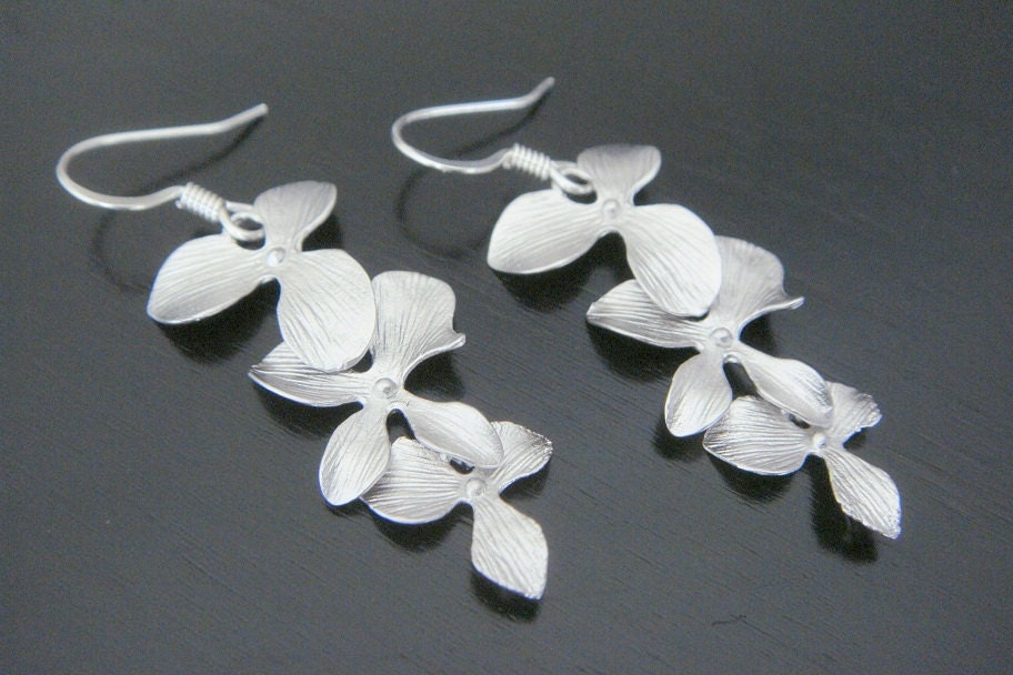 Cascading Matte Silver Orchid Earrings Dangle Chandelier Perfect for Weddings Bridal Bridesmaids Gift Birthday Christmas Prom Ocassion