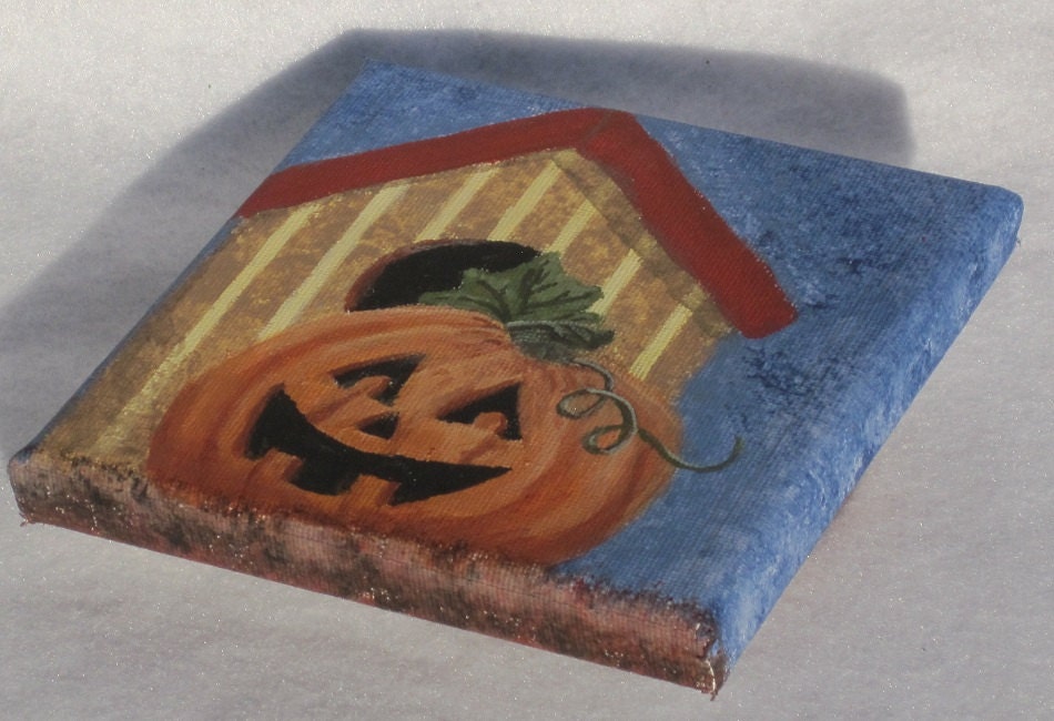 5"x5" pumpkin and birdhouse painting on stretch canvas