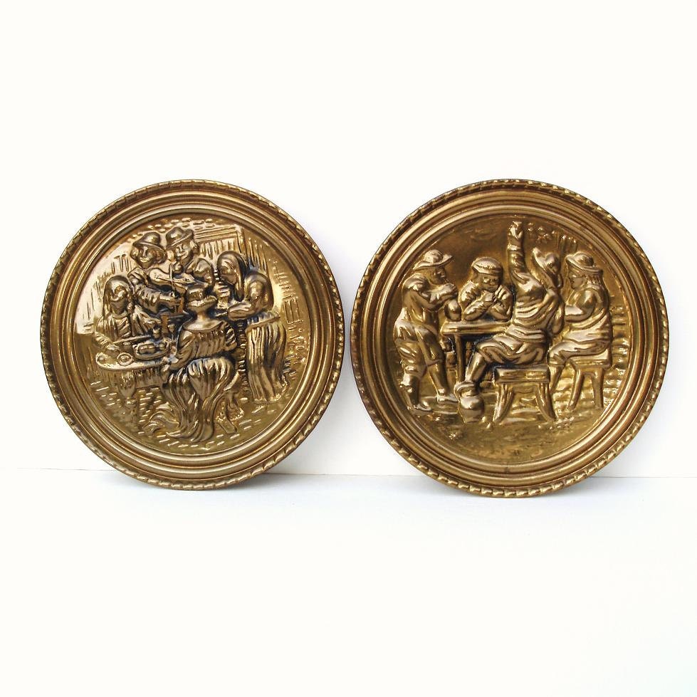 Vintage Wall Pockets, Metal Wall Decor, English Cottage, 3D Brass Art - Gold - Planters