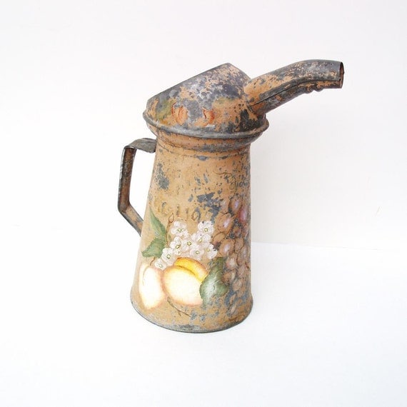 Galvanized Watering Can, Old Oil Can, Industrial Chic, Metal Container, Peach Decor, Pear Art