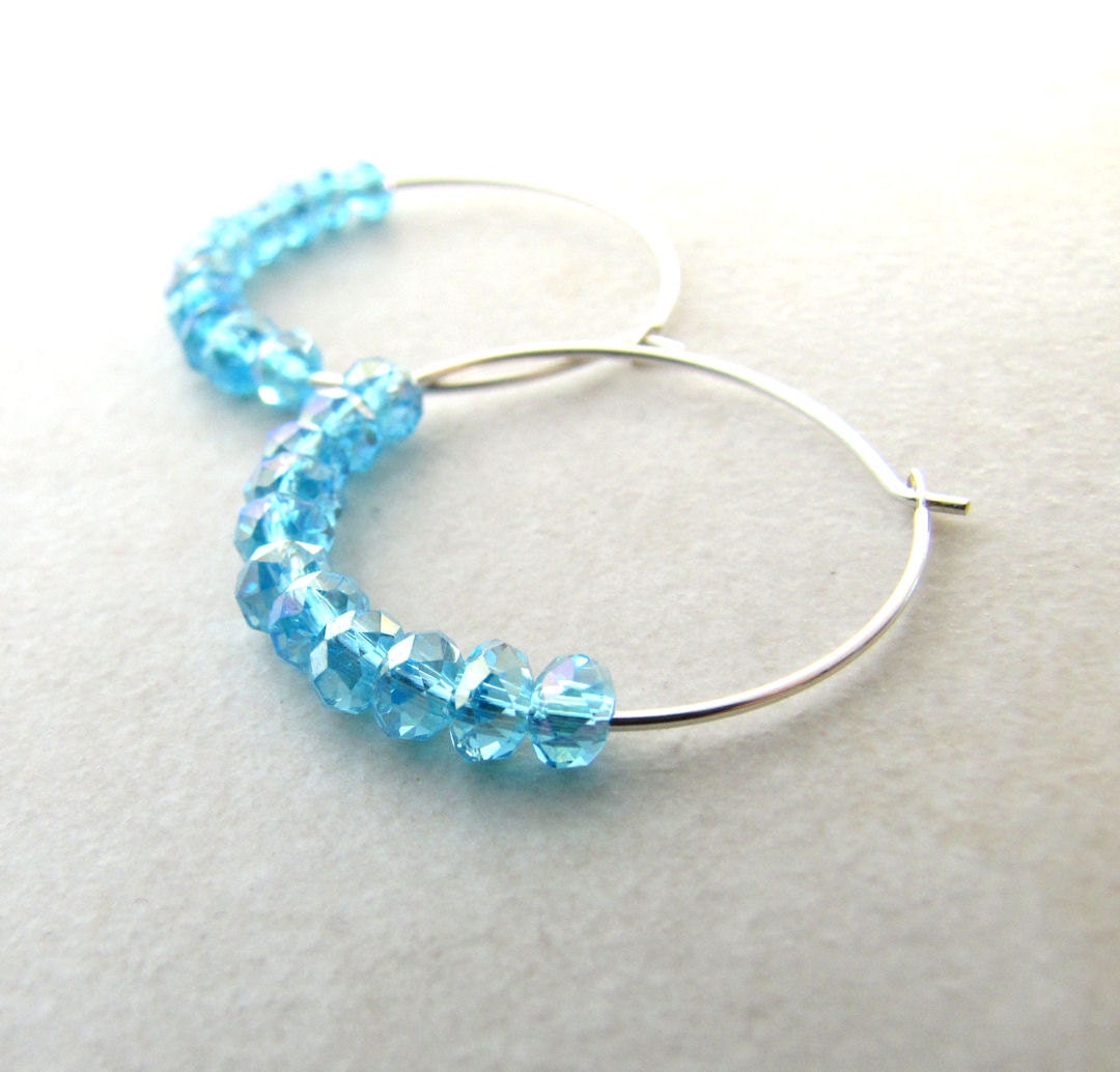 Crystal Hoops Aqua Turquoise Silver Carribean Ocean Beach BellinaCreations Bellina Creation