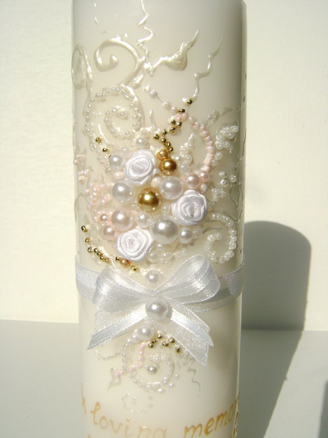 Wedding memorial candle in white, gold and blush pink, custom personalized candle