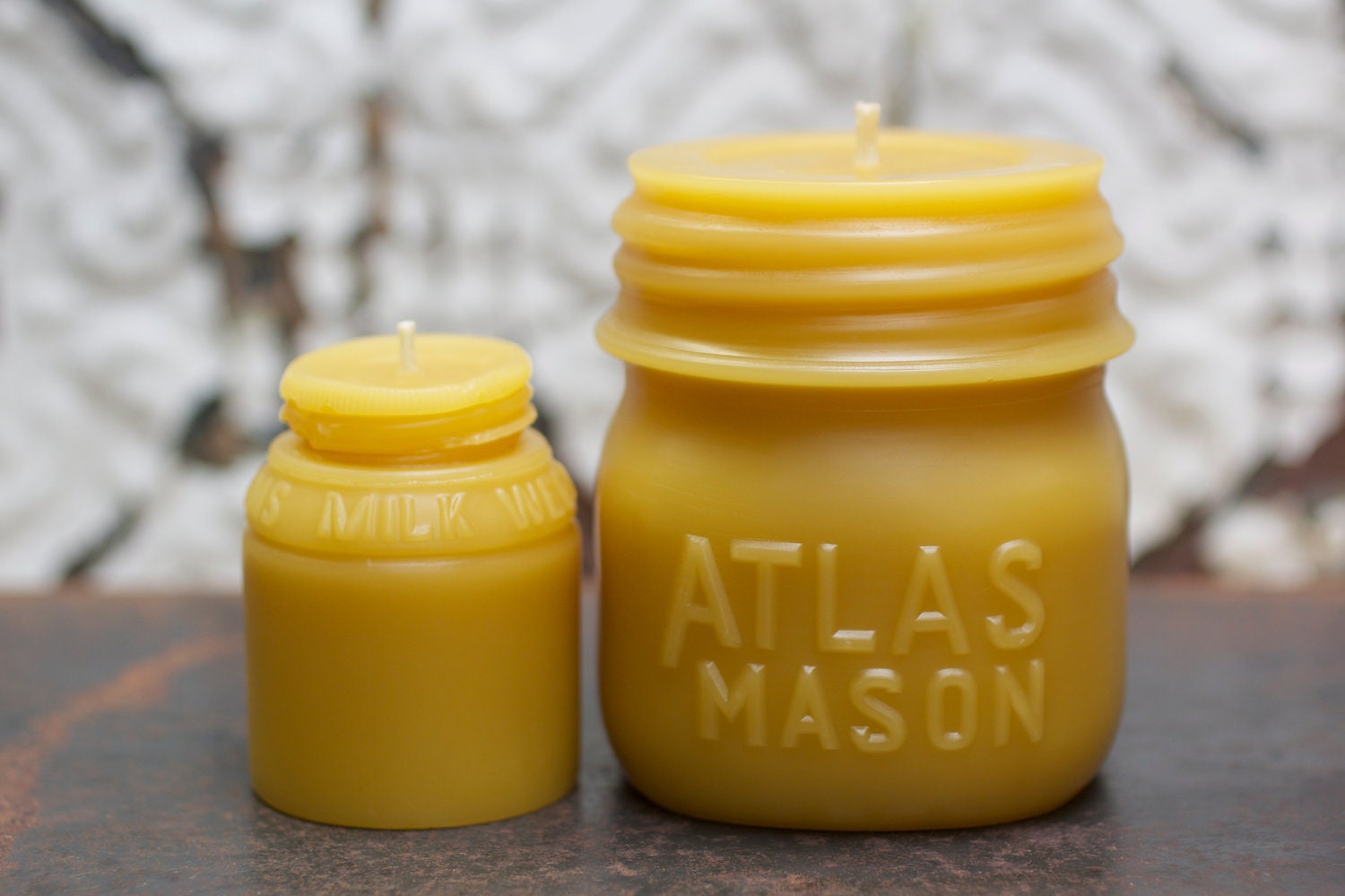 Beeswax Candle Set - antique bottle shaped - "Atlas Mason Jar - and -  Milk Weed Cream" - by Pollen Arts - Md. & Sm..