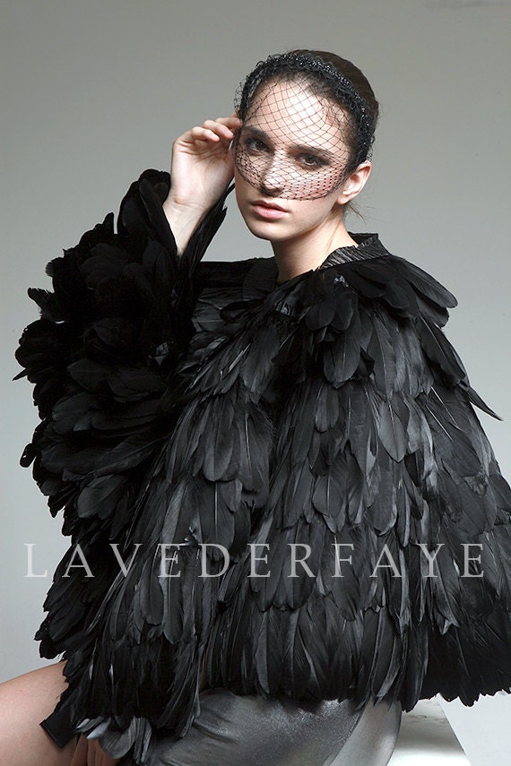 Couture Black Goose Feather Cape Wrap - Laveder Faye