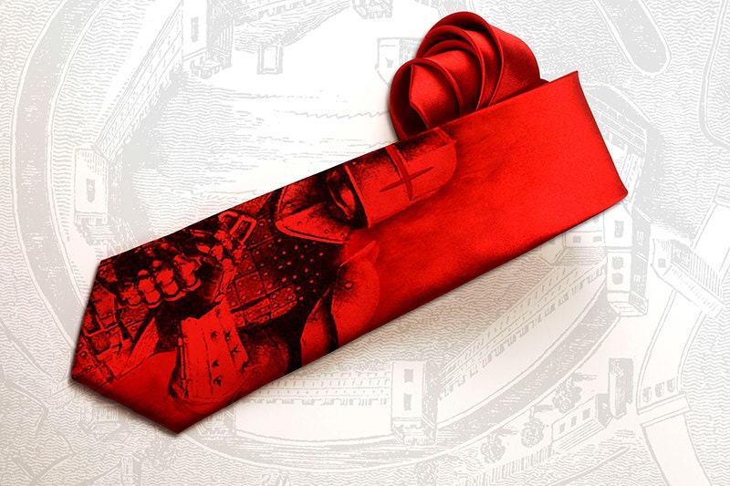 Dark knight inspired men's gothic tie. This steampunk necktie for men is red with medieval knight and armor design. - tiestory