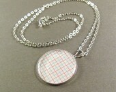 GeoDial - Geometric Print Necklace, Silver-Plated, with White, Red and Blue Grid Graph Pattern