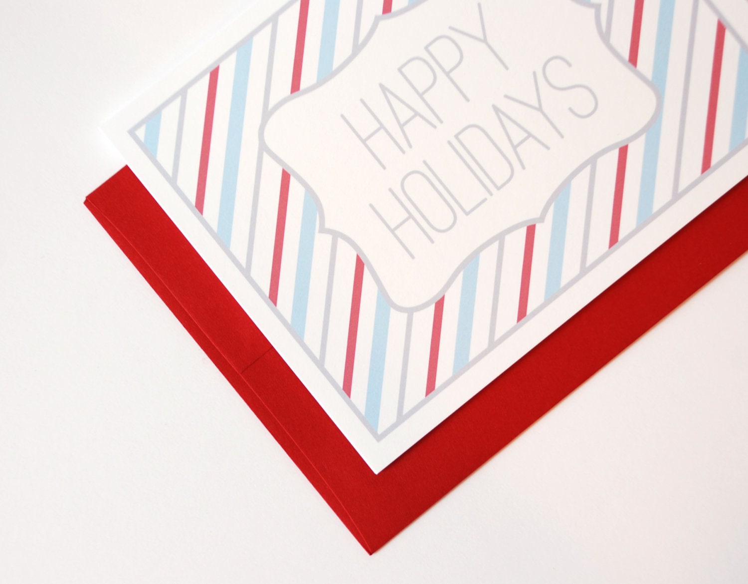Happy Holidays Card Set - Red and Blue Candy Cane Stripes - Christmas Cards - Set of 10