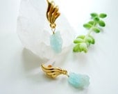Aquamarine Dangle Earrings - Raw Rough Gemstones -  Goddess Wings