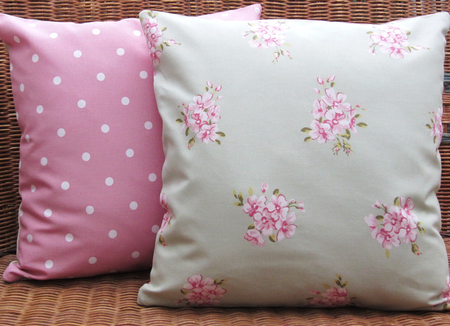 2 Pillow Cushion Covers 16 inch Shabby Chic Style Sage Green Floral Clusters fabric backed with co-ordinating pink dotty fabric