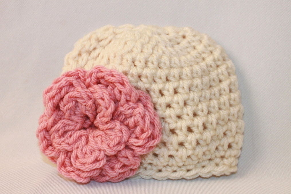 Crochet Newborn Hat - Crochet Infant Hat -Baby Crochet Hat - Crochet Flower Hat - Baby Flower Beanie - Cream - Rose