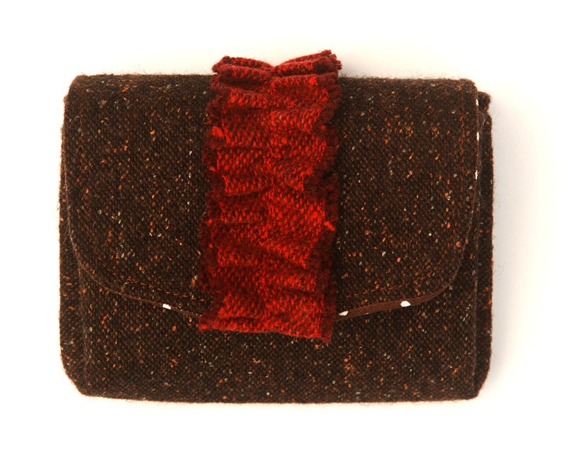 Brown Wool Wallet. Small Folding Coin Purse with Red Ruffle Frill. Chocolate Tweed Wallet. Tweed Wool Wallet Rust Orange Fleck
