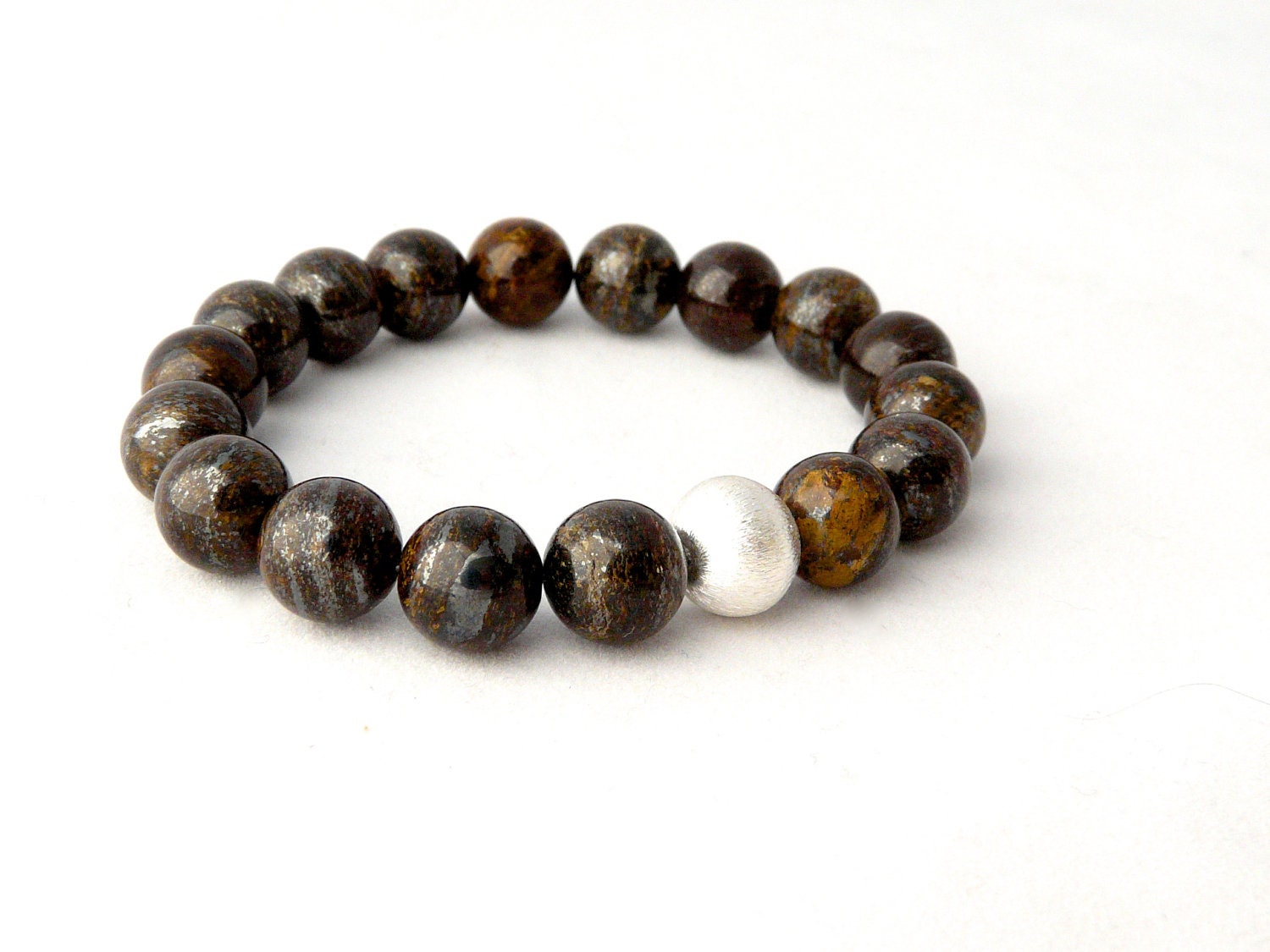 bronzite bracelet in chocolate brown and copper stone and brushed sterling silver focal bead. stretch. yoga. boho. woodland.