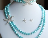 Bridal Pearl Rhinestone Necklace Bracelet Earring Crystal STARFISH Beach Wedding Jewelry Something Blue Teal Tiffany Blue ST005LX