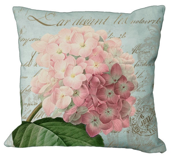 Romantic Pink Hydrangea on Natural or Aqua 20x20 or 18x18 or 16x16 or 14x14 Inch Pillow Cover - Soeuralasoeur