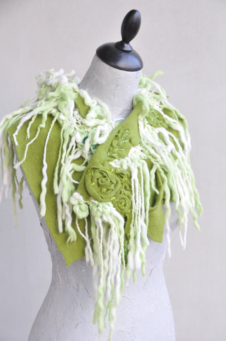 Green Greens White Fringe Soft Wool Up cycled Recycled Boho Bohemian Stole Shawl Wrap Scarf Funky Style - RecycledAccesso