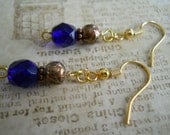 Navy Blue Earrings, Czech Glass Earrings, Copper Cocoa Brown India Glass Beaded Jewelry