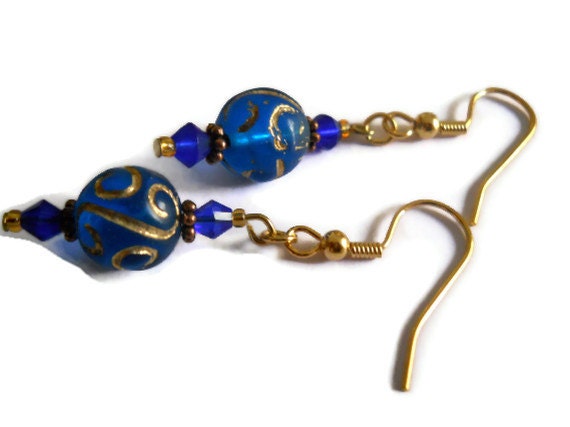 Dangle Earrings, Dark Ocean Blue Earrings, Scroll Earrings, Greek Inspired Earrings, Navy Earrings, Glass Earrings, Copper Beaded Jewelry