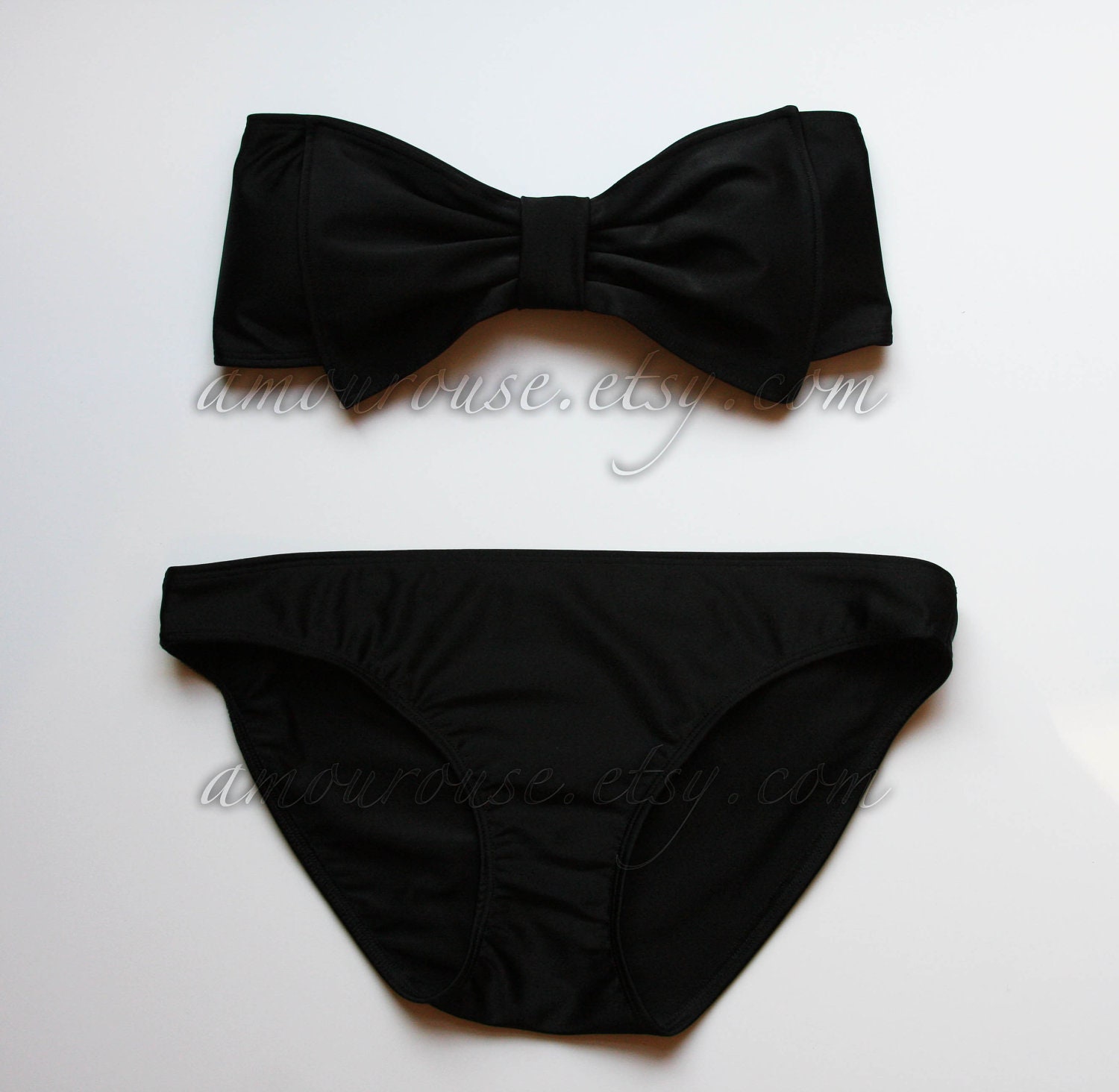 Black Lycra Swim Fabric Bow Bandeau with Padding and Bikini Bottoms