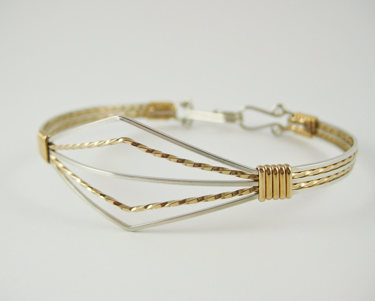 Gold and silver two-tone wire wrapped bangle