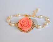 Coral Rose Bracelet with Ivory Swarovski Pearls in Gold.  Bridal Party Bracelet. Wedding Jewelry. Jewelry Gift for Her.  Free Shipping.