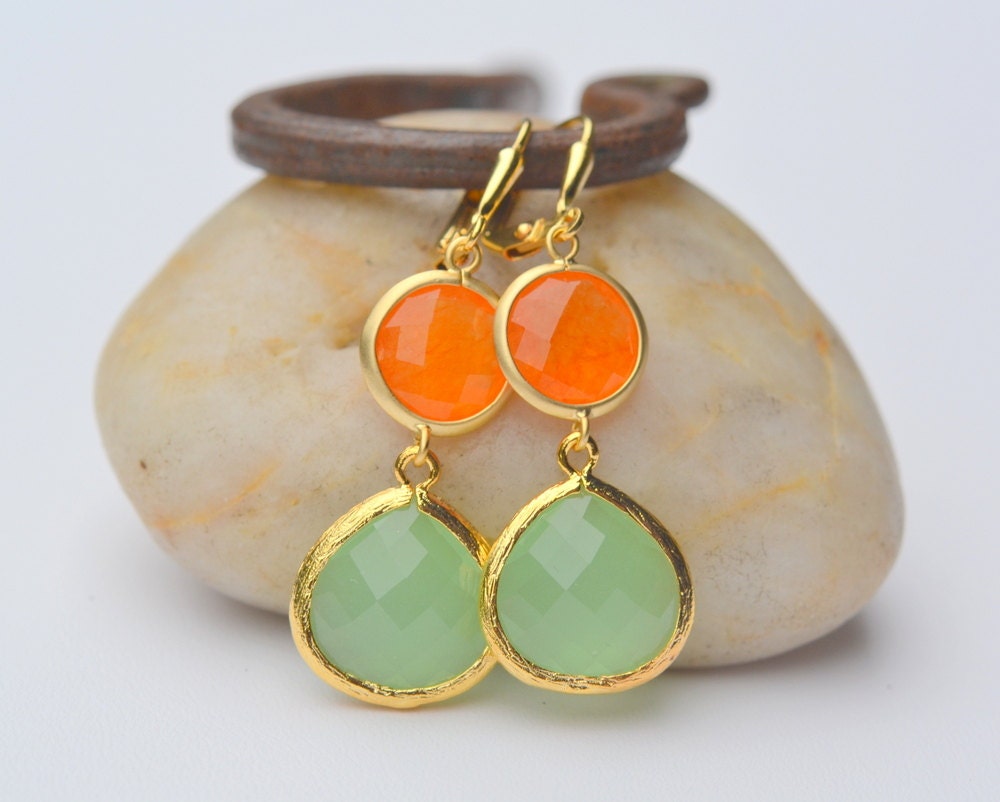Dangle Earrings. Mint Green Teardrop and Burnt Orange Stone Dangle Earrings. Fashion Earrings. Tangerine Orange Earrings. Free Shipping.