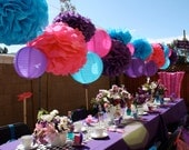 10 Tissue Paper Pom Poms - Mad Hatter Tea Party Decorations - Your Color Choice- SALE