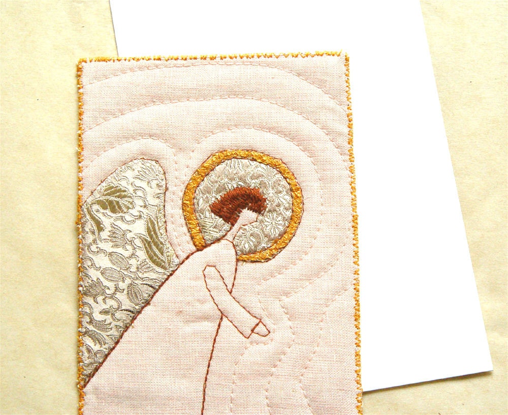 Guardian Angel, fabric postcard, fiber art, smoky rose, angel card, applique angel