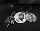 RN Nurses Prayer Hand Stamped Necklace, Medical staff Gift idea, customized w/ Raphael the Angel of Healing, RN Charm & Birthstone