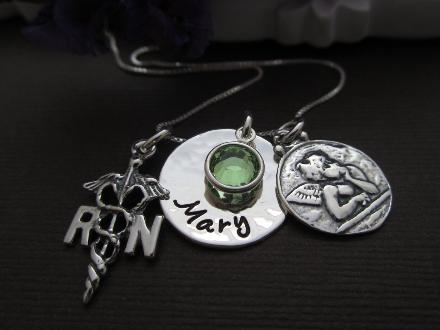 RN Nurses Prayer Hand Stamped Necklace, Medical staff Gift idea, customized w/ Raphael the Angel of Healing, RN Charm & Birthstone
