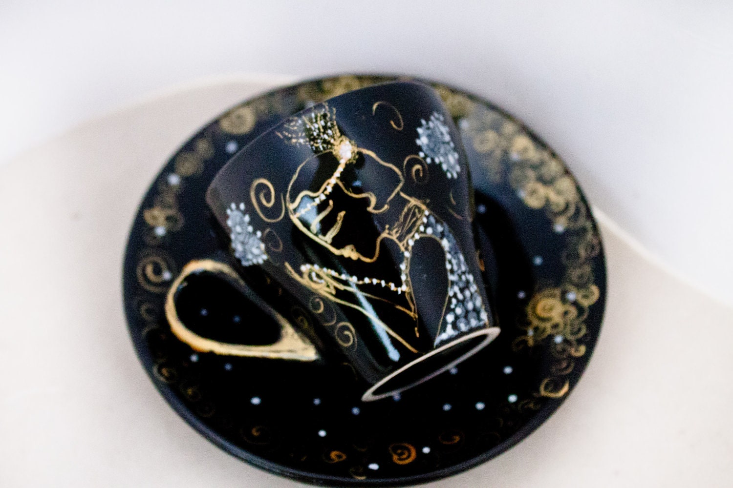 Edwardian lady - black gold espresso cup - painted