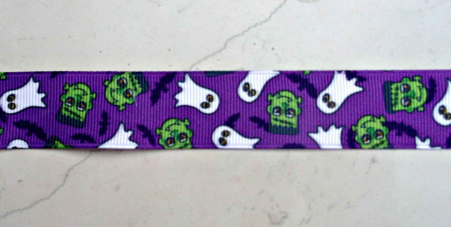 frankensteins and ghosts printed on purple 7/8" grosgrain ribbon Il_570xn