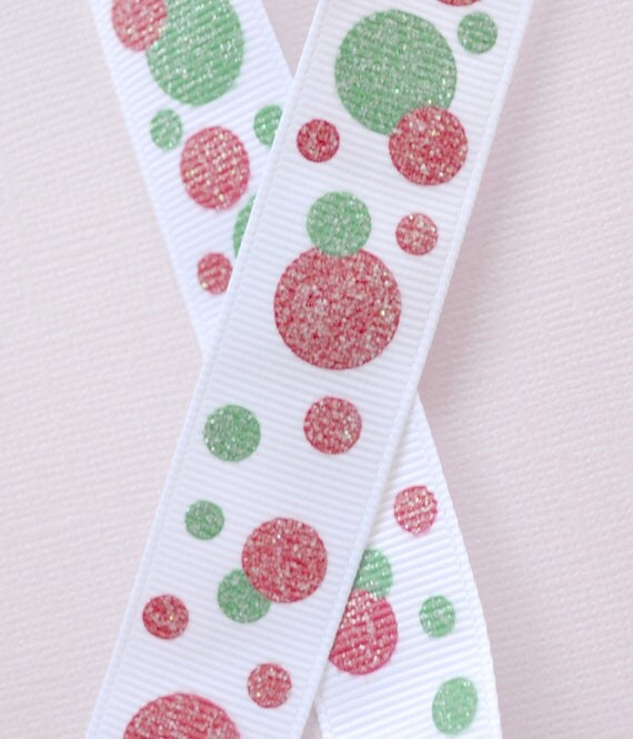Red & Green sparkly Funky dots printed on white 7/8" grosgrain ribbon- Christmas Il_570xn