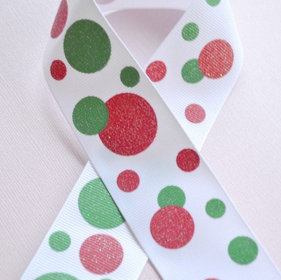 Red & Green sparkly Funky dots printed on white 1 1/2" grosgrain ribbon- Christmas Il_570xn
