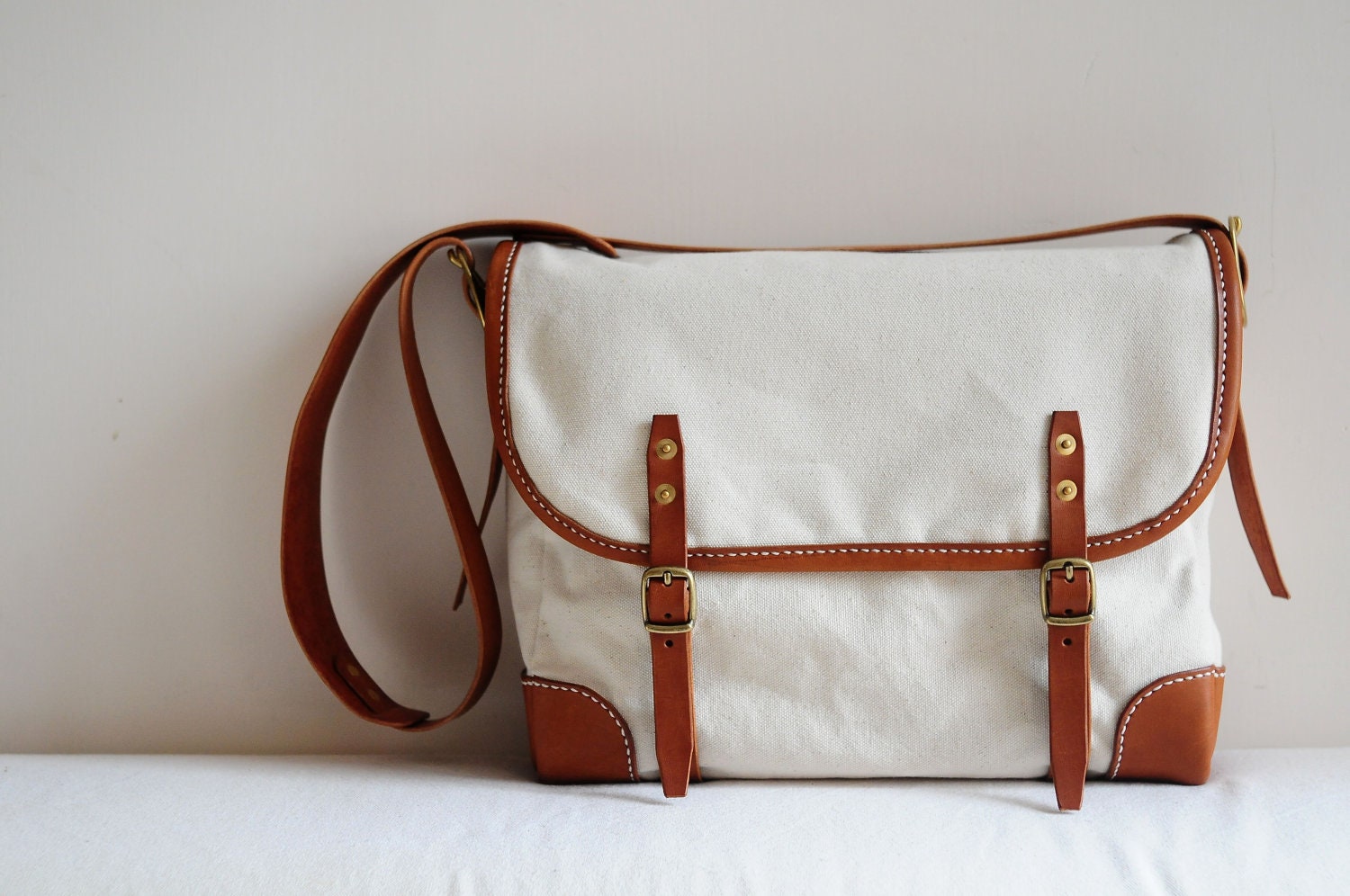 Hand Stitched Brown Leather And Canvas Shoulder Bag/ Messenger  Bag/ Carry On Bag