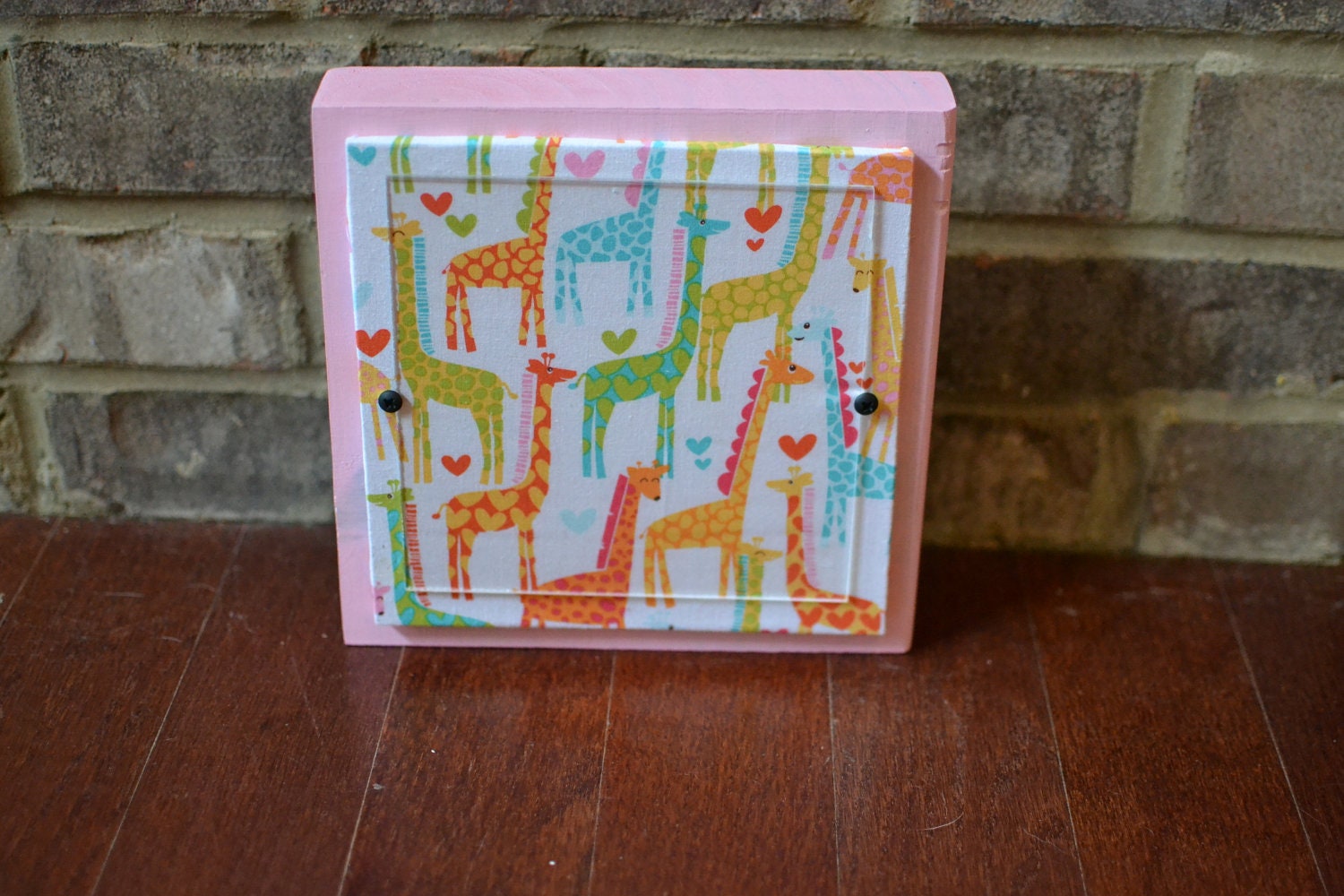 Chunky Block Frame with Fabric Layer - 6x6 photo opening - Pink w/ multi colored giraffe fabric