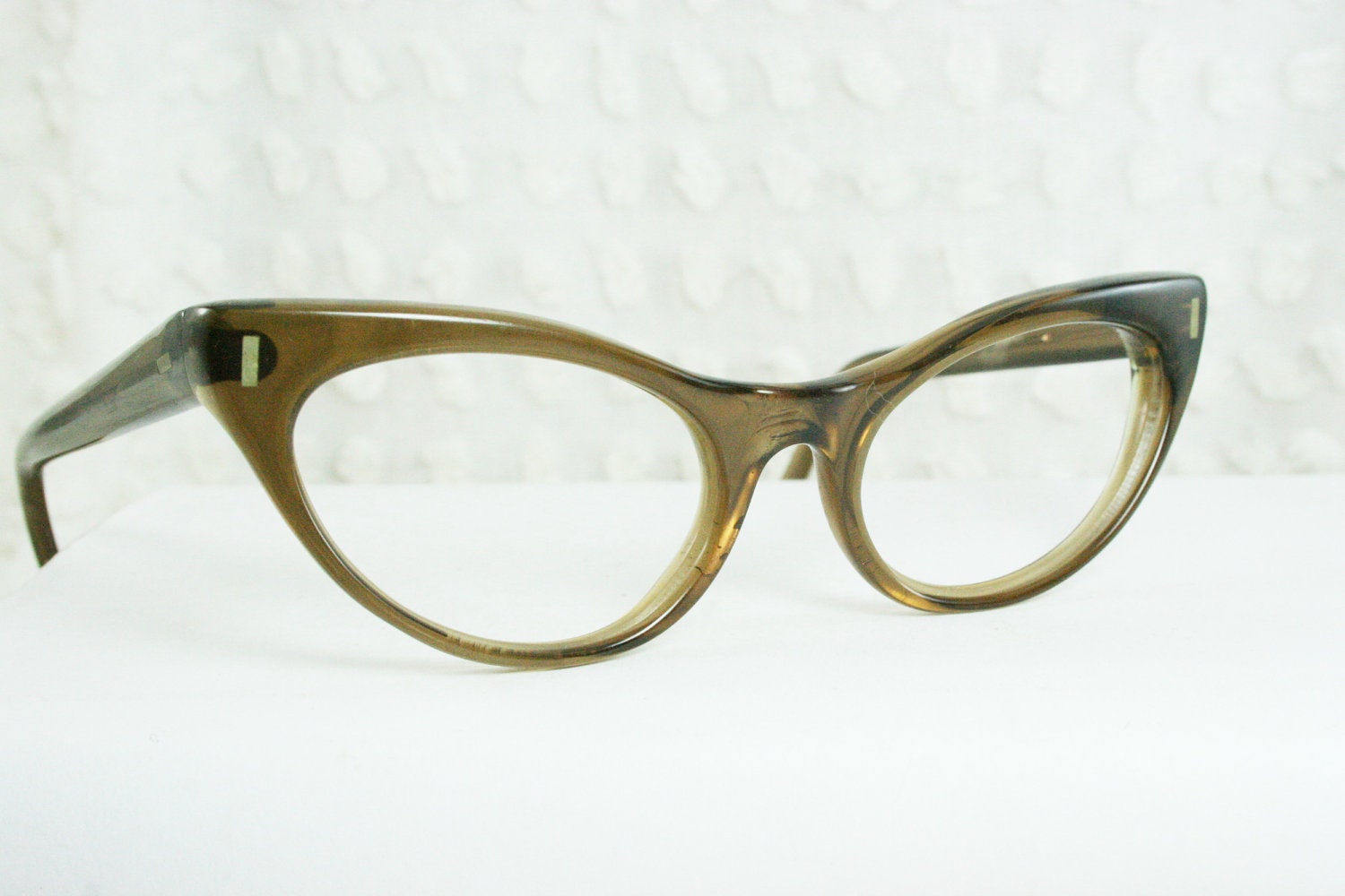 Vintage 1950's Cat Eye Eyeglasses Khaki Zyl Translucent Clear Angular Large 50/19 Size by Swank Optical France