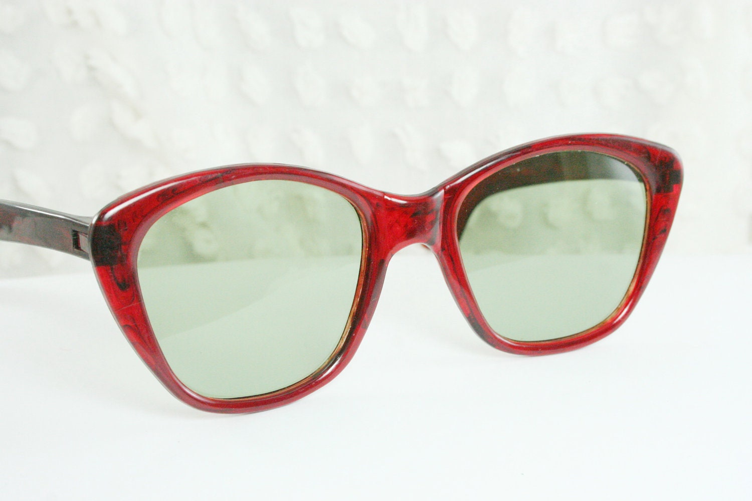 60s Sunglasses 1950s Tortoise Sunglasses Red Horn Rim Classic Unisex Gray Green Glass Lens Non Rx