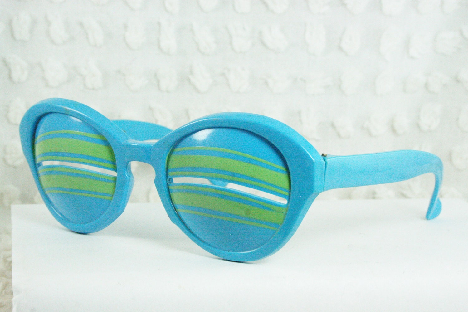 60s Sunglasses Mod 1960's Slit Sunglasses Round Horn Rim Eskimo Style Sky Blue Lime Lined Dead Stock