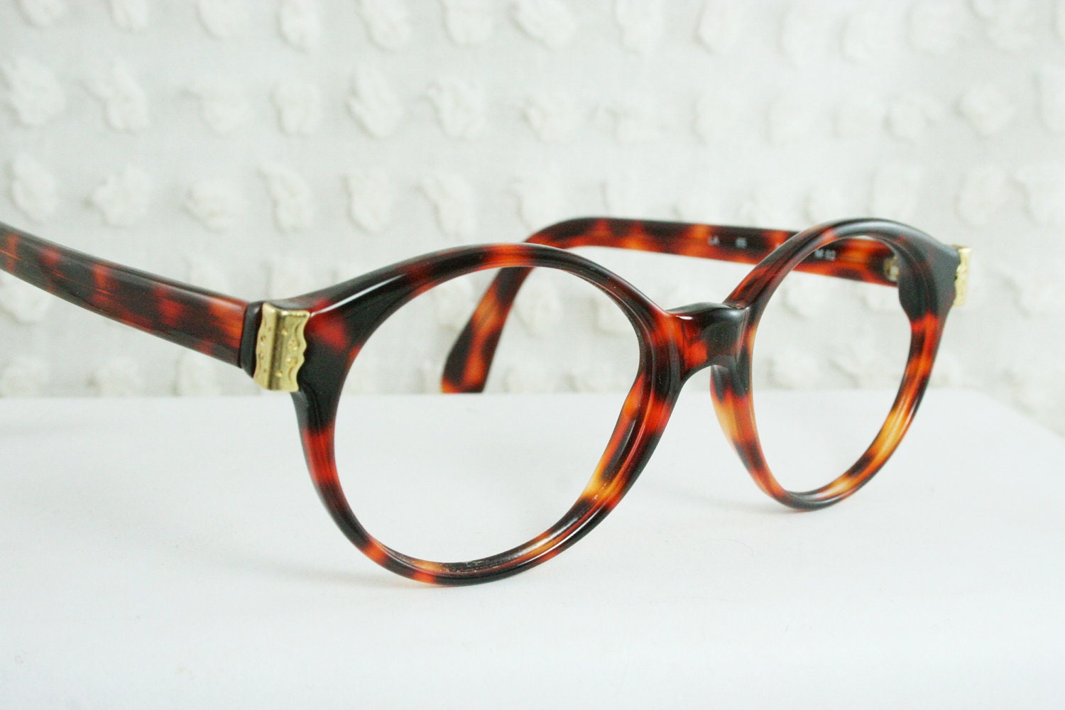 Vintage 80s Glasses Round Tortoise 1980's Oversize Eyeglass Amber Brown Gold Metal Detail 48/20 Optical Frame Italy