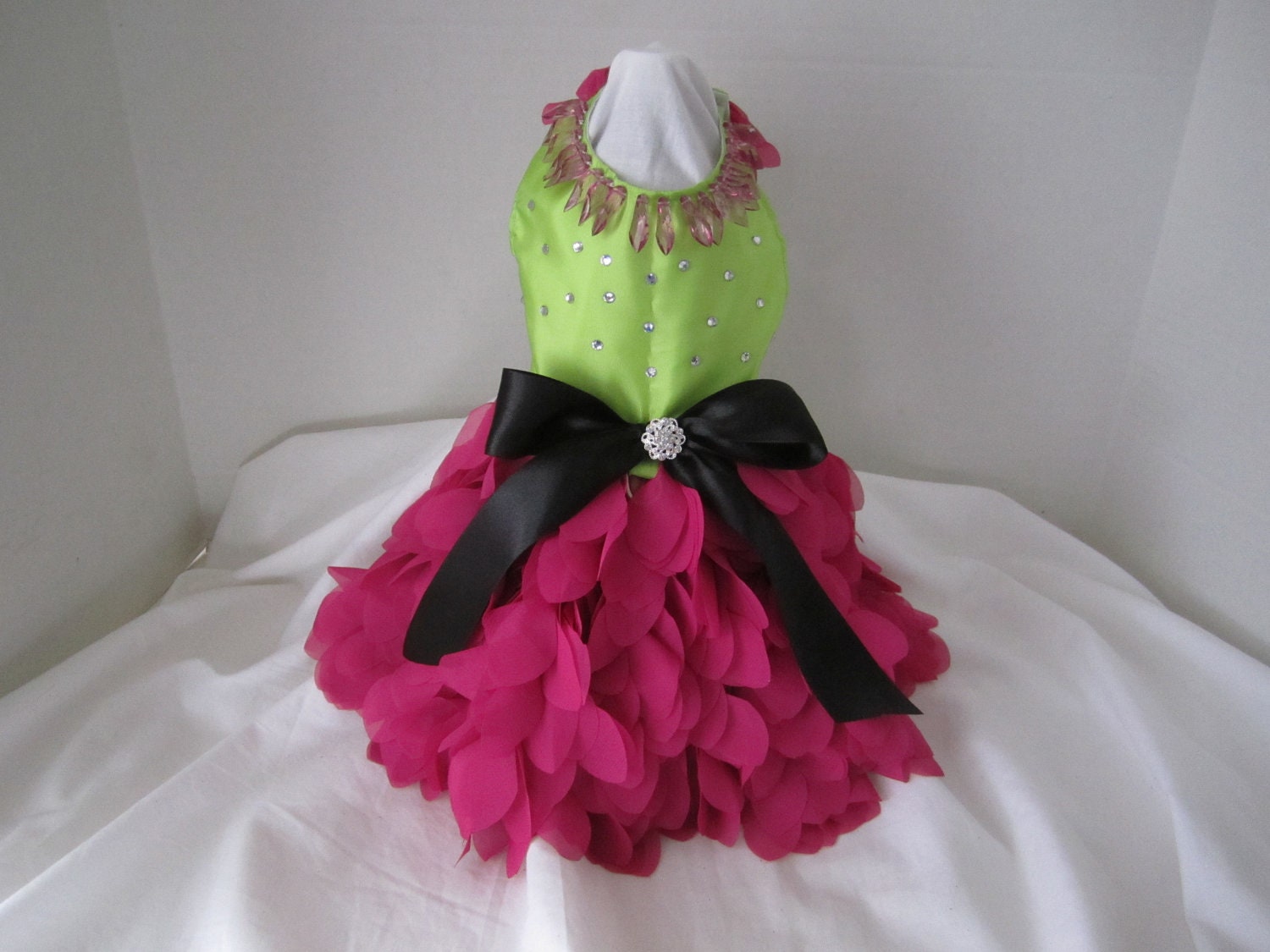 Dog Dress  XS Lime ,hot pink leaves   with Swarovski Crystals  By Nina's Couture Closet "Exclusive  Line Bella "