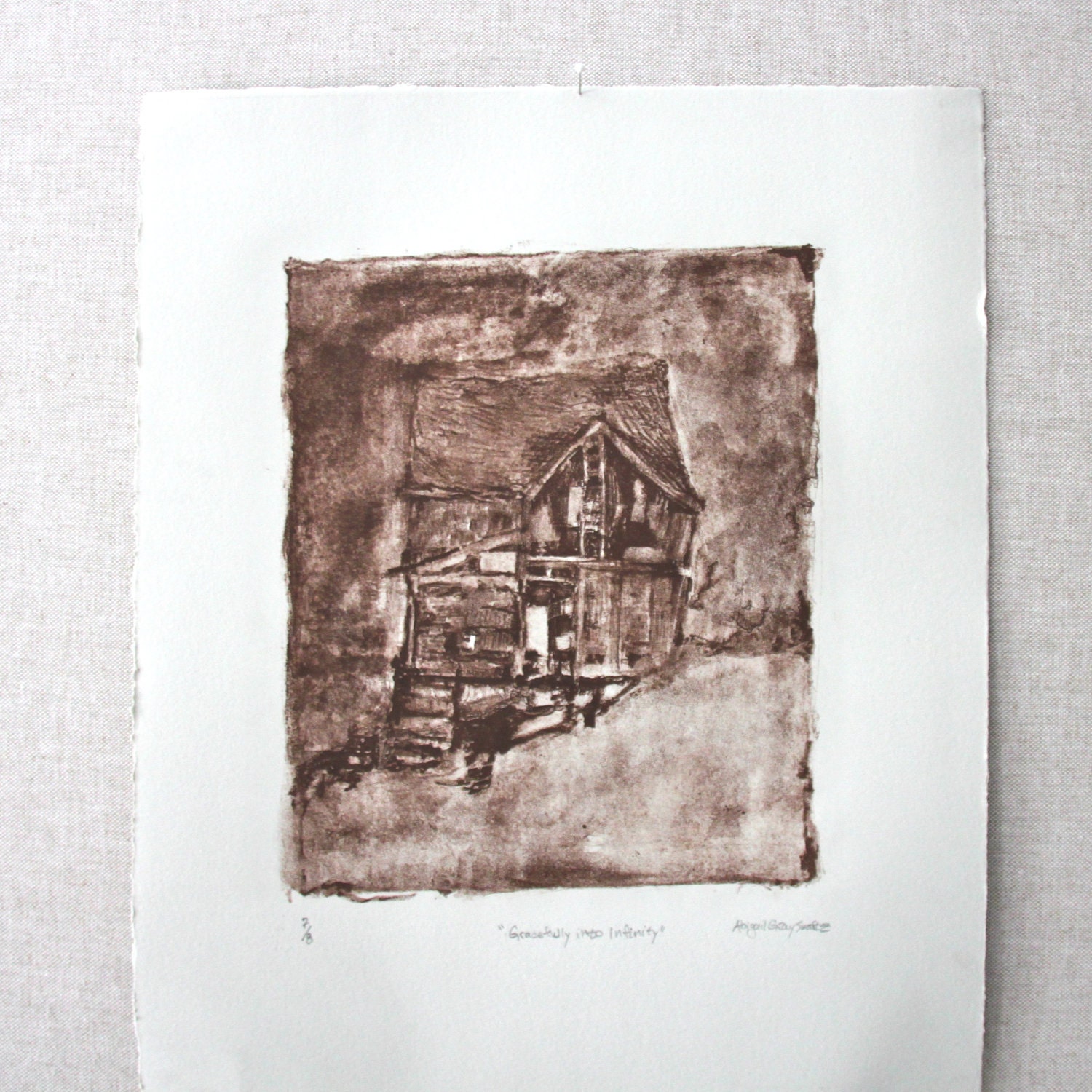 Gracefully into Infinity, an original lithograph, sepia on gray paper