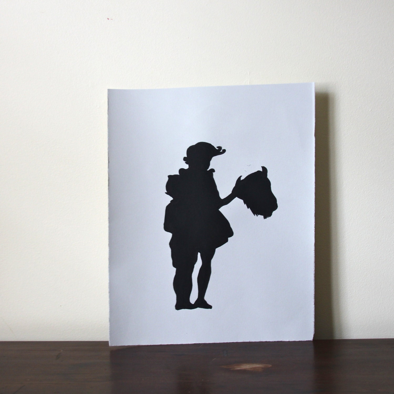 Buffalo Gals, original Painting, black silhouettes of two girls and a buffalo head, on grey paper