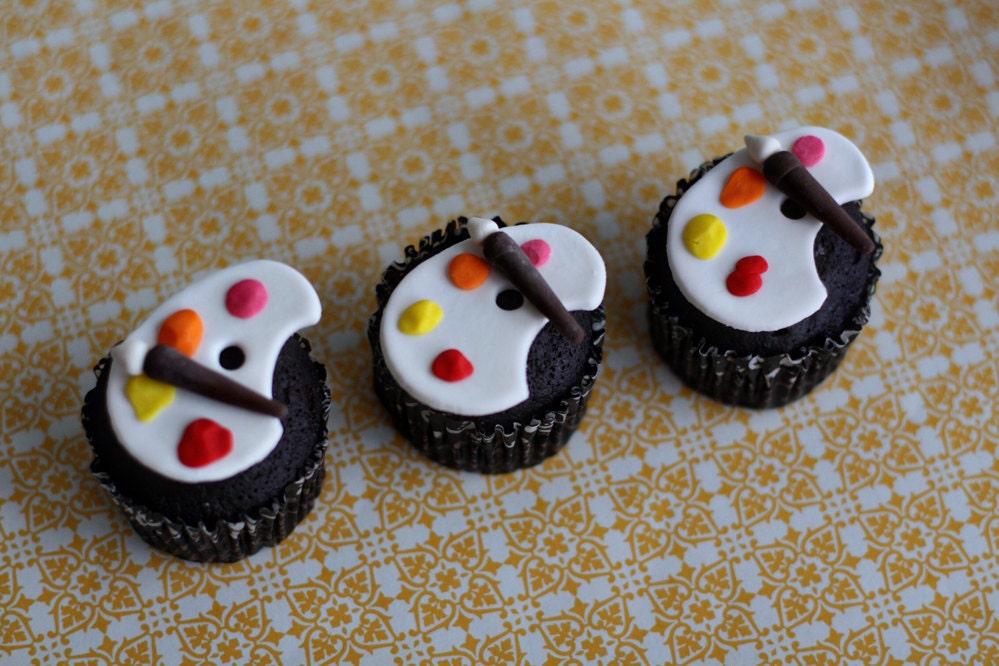 Fondant Paint Palette and Paint Brush Toppers for Decorating Cupcakes, Cookies or other Sweet Treats