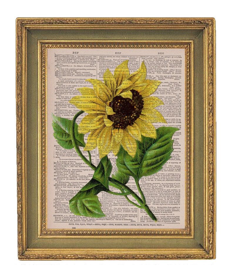 Bright Sunflower Print - Vintage Dictionary Print-  8x10