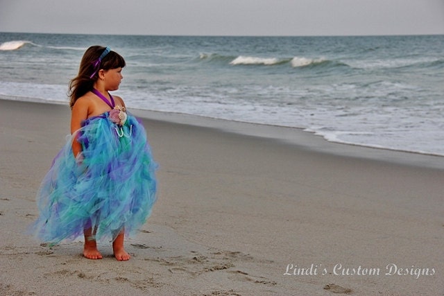 Goddess of the Ocean Sea Mermaid Long Style Tutu Halter Dress adorned with Pearls 2T - 6 yr up to 24" Chest Measurement