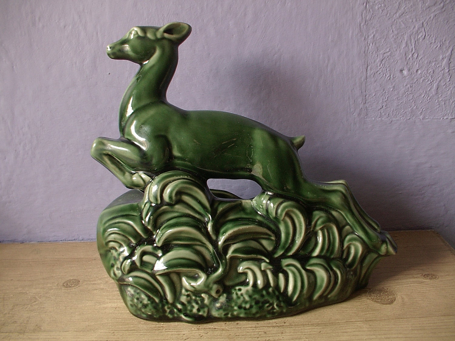 vintage Art Deco Green ceramic gazelle Deer Lamp Base, pottery, white tail deer, country cabin decor, animal statue figurine