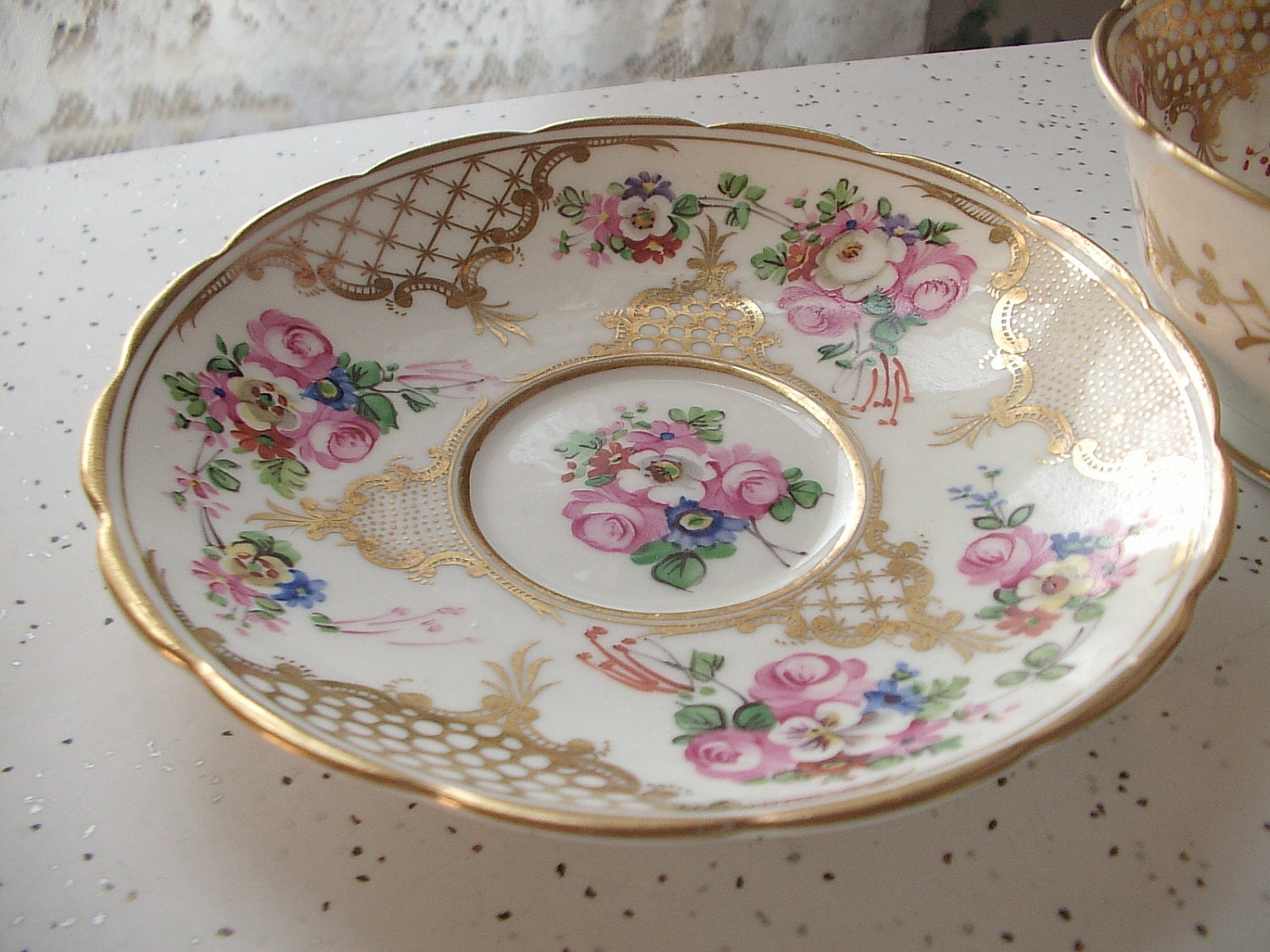 antique gold tea cup and saucer set, Jackson and Gosling Grosvenor Ye Olde English, vintage 1920's pink rose hand painted,RESERVED 4 olive