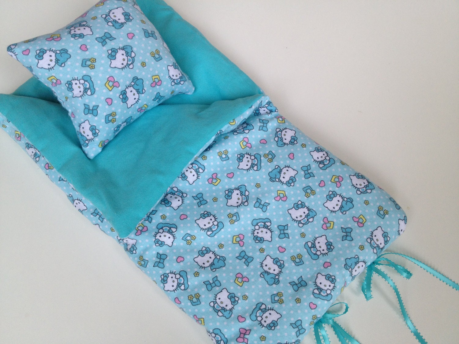 Doll Sleeping Bag "HELLO KITTY" in Blue/turquoise fits The American Girl Doll.  SALE Selected bags 12-15 each. Over 65 Bags in my store.